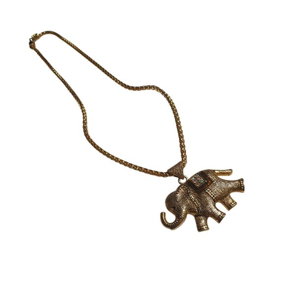 Elephant Pendant Necklace Gold Tone Vintage Chain Statement Jewelry - Picture 6 of 6